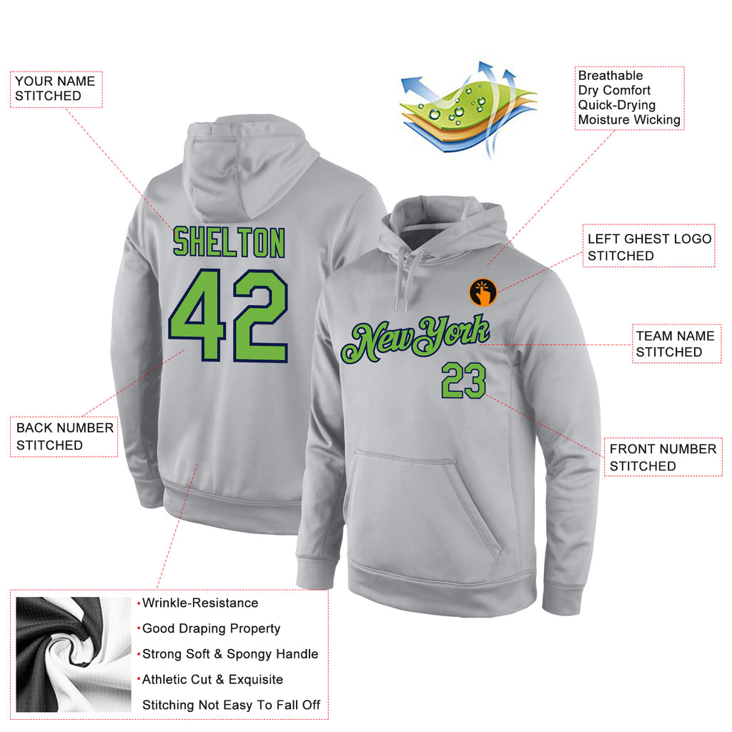 Custom Stitched Gray Neon Green-Navy Sports Pullover Sweatshirt Hoodie