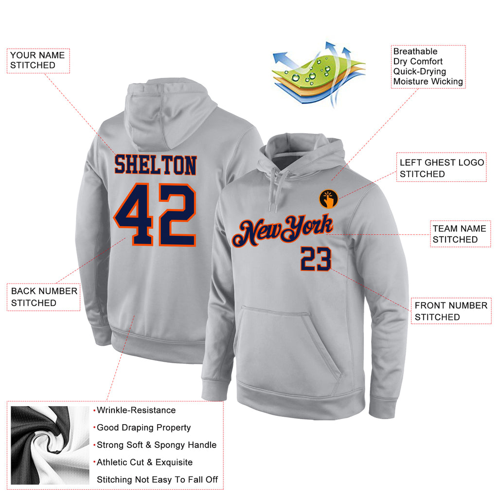 Custom Stitched Gray Navy-Orange Sports Pullover Sweatshirt Hoodie