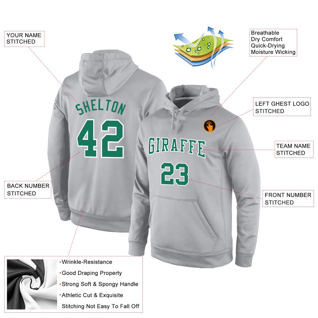 Custom Stitched Gray Kelly Green-White Sports Pullover Sweatshirt Hoodie