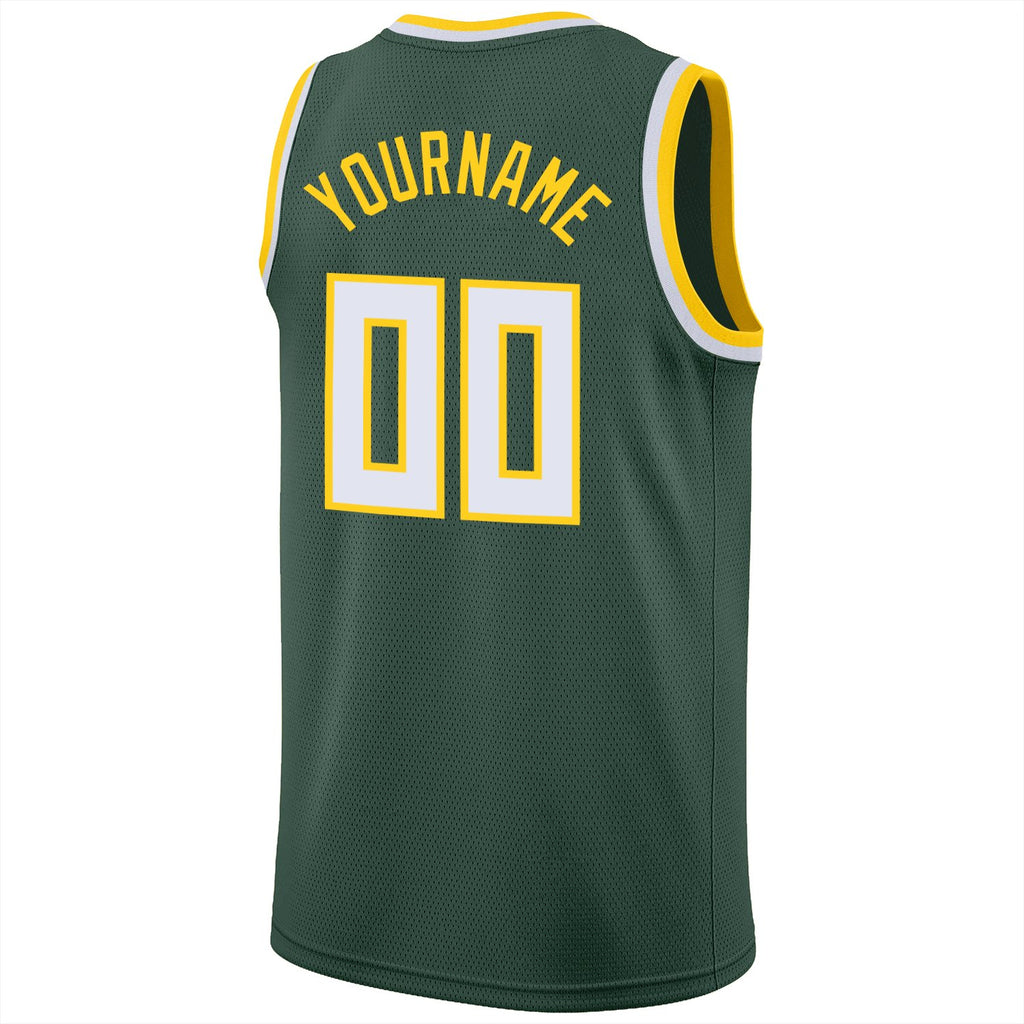 Custom Hunter Green White-Gold Round Neck Rib-Knit Basketball Jersey