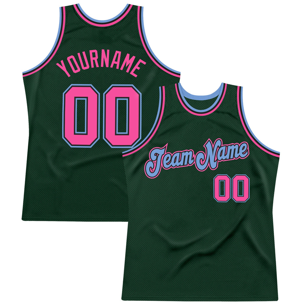 Custom Hunter Green Pink-Light Blue Authentic Throwback Basketball Jersey