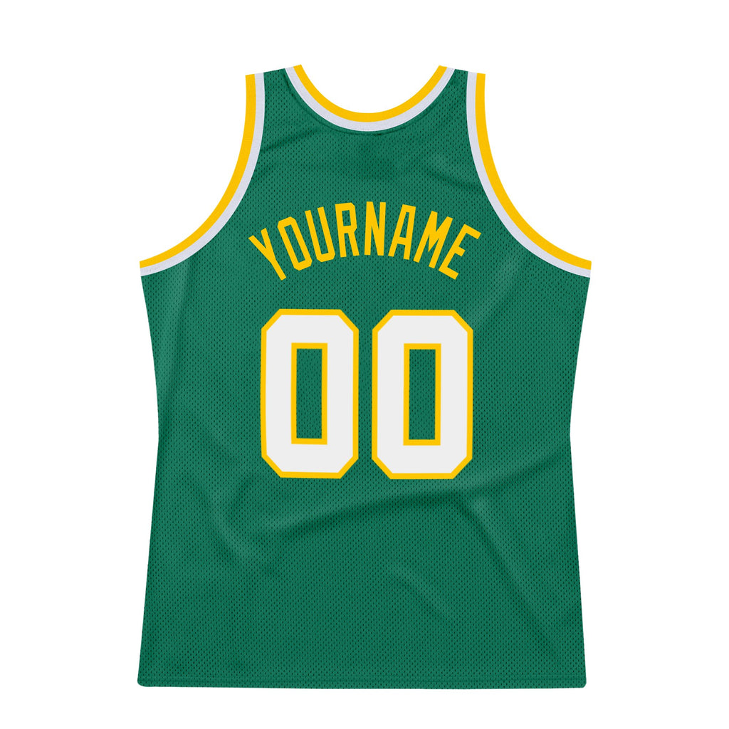 Custom Kelly Green White-Gold Authentic Throwback Basketball Jersey