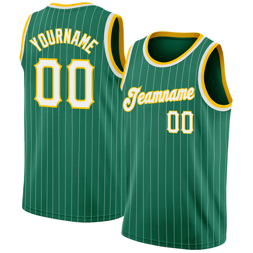 Custom Kelly Green White Pinstripe White-Gold Authentic Basketball Jersey