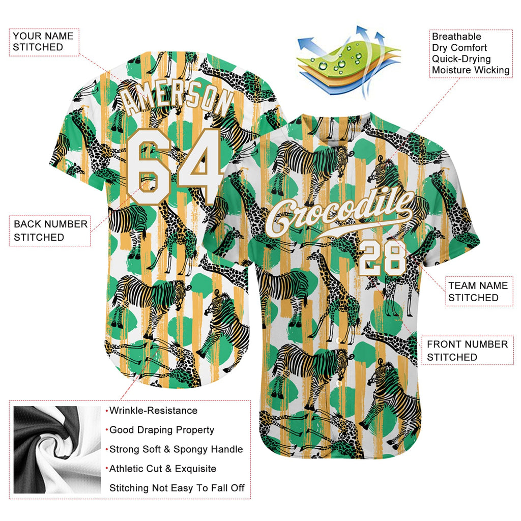 Custom Kelly Green White-Old Gold 3D Pattern Design Zebras And Giraffes Authentic Baseball Jersey