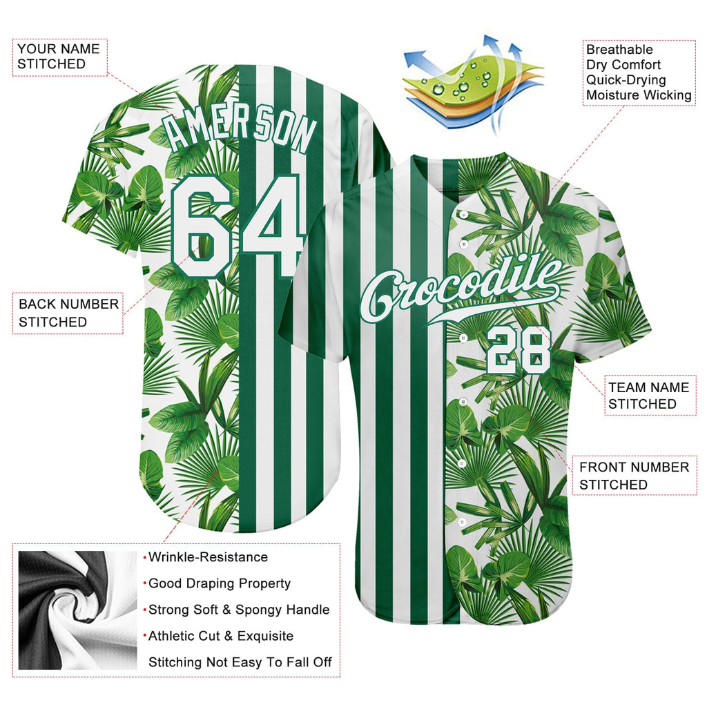 Custom Kelly Green White-Kelly Green 3D Pattern Design Tropical Palm Leaves Authentic Baseball Jersey