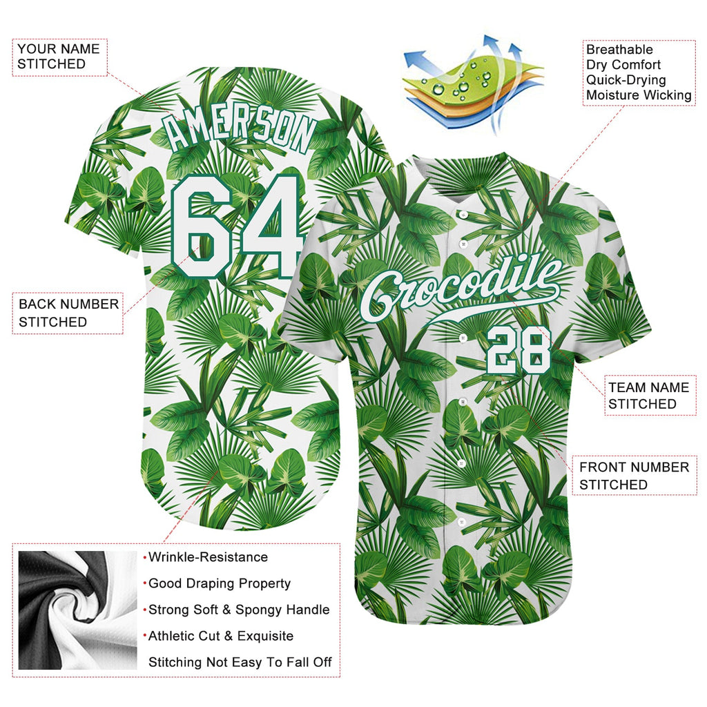 Custom Kelly Green White-Kelly Green 3D Pattern Design Tropical Palm Leaves Authentic Baseball Jersey