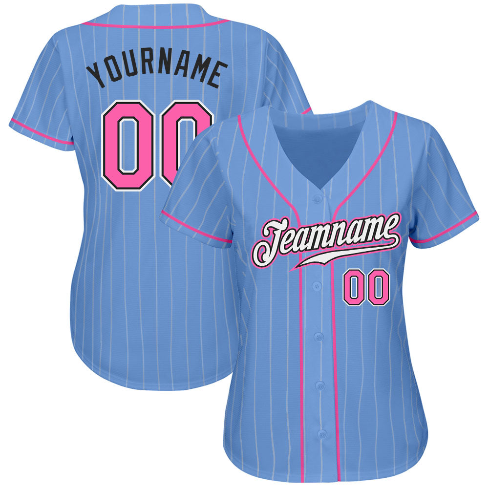 Custom Light Blue White Pinstripe Pink-Black Authentic Baseball Jersey ...