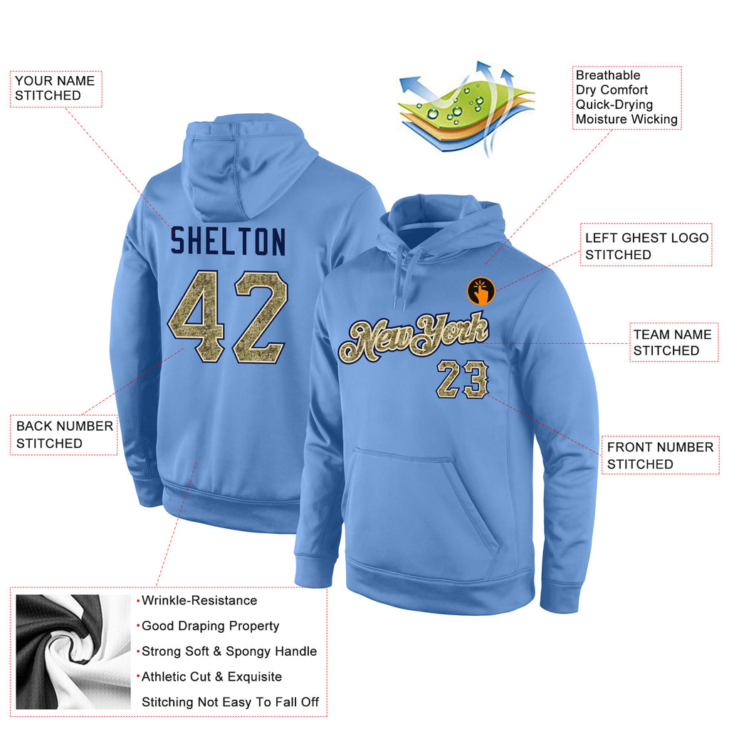 Custom Stitched Light Blue Camo-Navy Sports Pullover Sweatshirt Hoodie