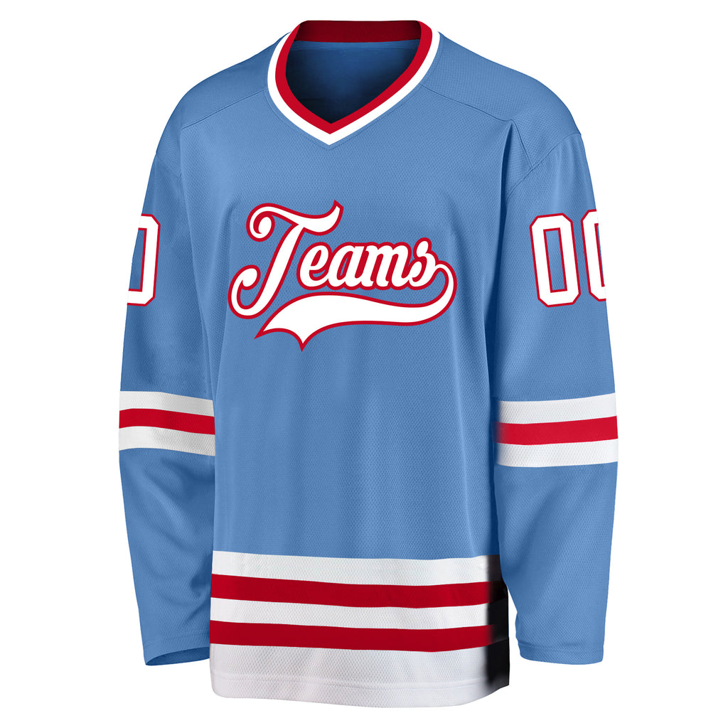 Custom Light Blue White-Red Hockey Jersey