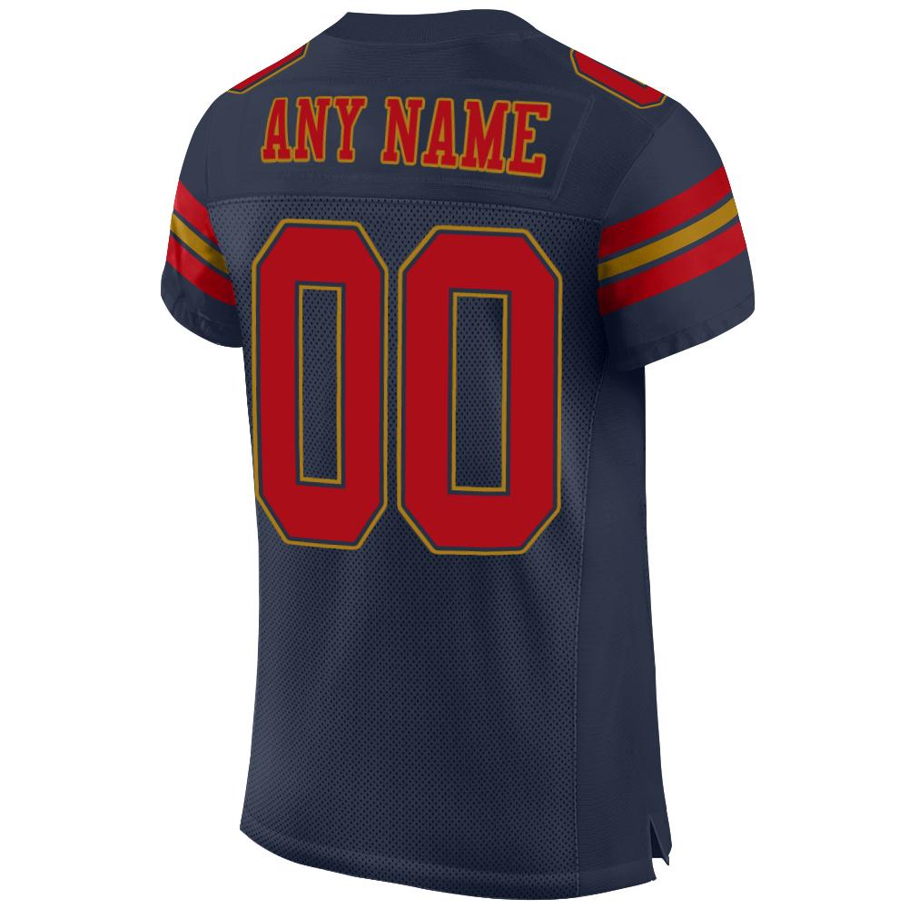 Custom Navy Red-Old Gold Mesh Authentic Football Jersey