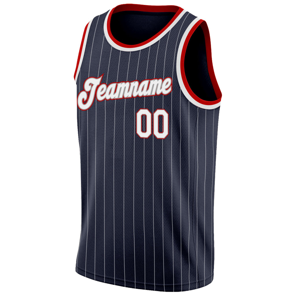 Custom Navy White Pinstripe White-Red Authentic Basketball Jersey