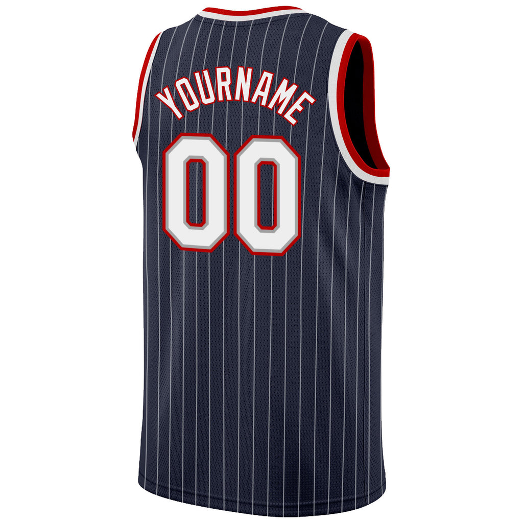 Custom Navy White Pinstripe White-Red Authentic Basketball Jersey