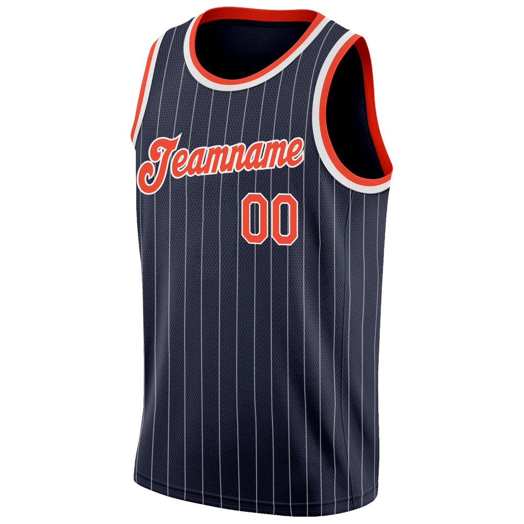 Custom Navy White Pinstripe Orange-White Authentic Basketball Jersey