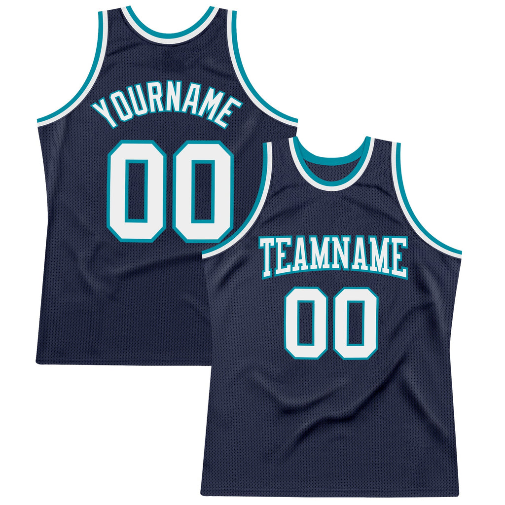 Custom Navy White-Teal Authentic Throwback Basketball Jersey
