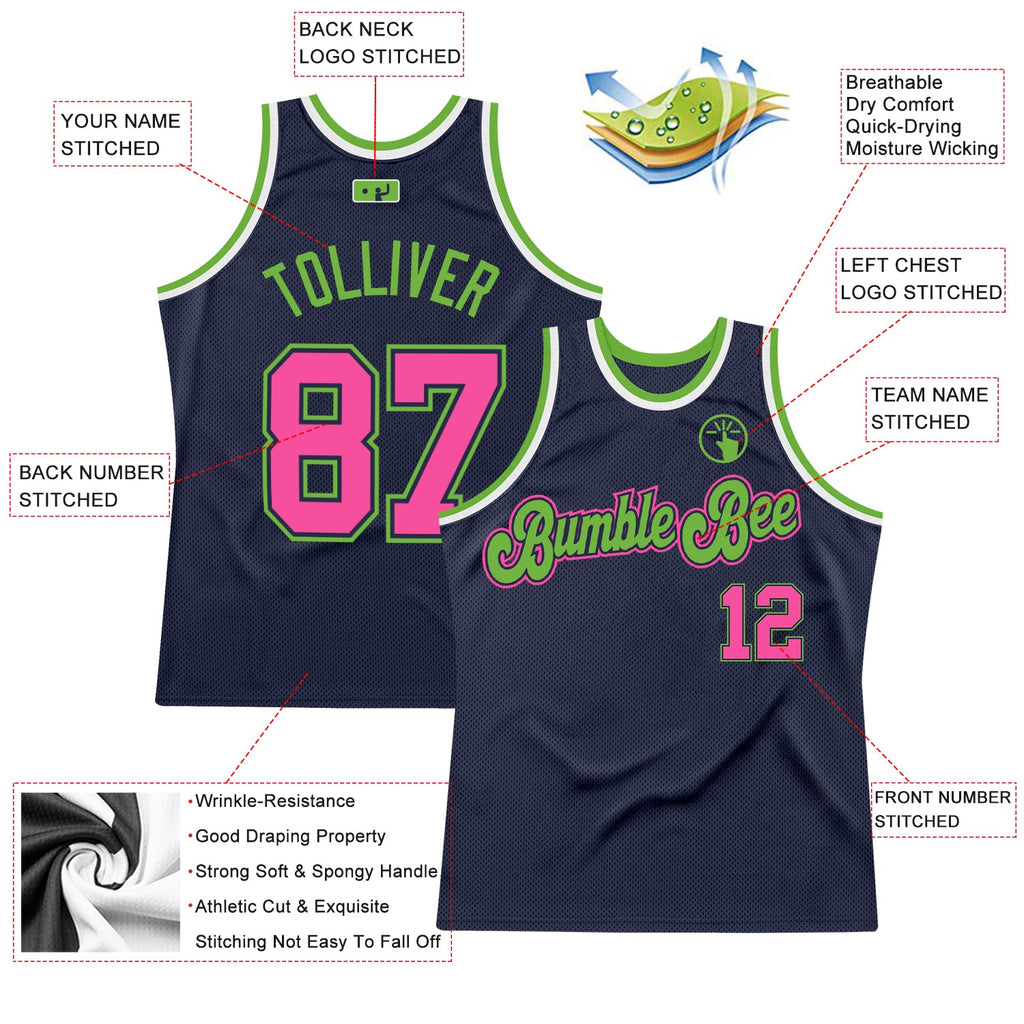 Custom Navy Pink-Neon Green Authentic Throwback Basketball Jersey
