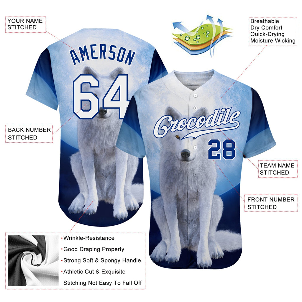 Custom Navy White-Royal 3D Pattern Design Wolf Authentic Baseball Jersey