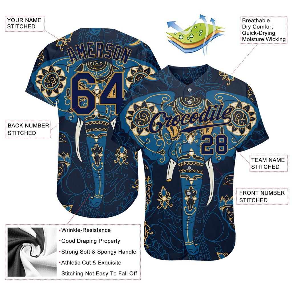 Custom Navy Navy-Old Gold 3D Pattern Design Elephant Authentic Baseball Jersey