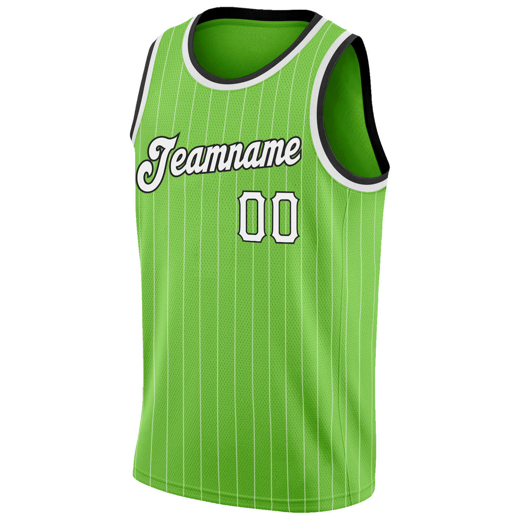 Custom Neon Green White Pinstripe White-Black Authentic Basketball Jersey