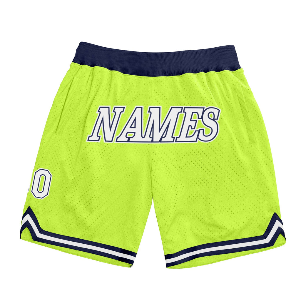 Custom Neon Green White-Navy Authentic Throwback Basketball Shorts