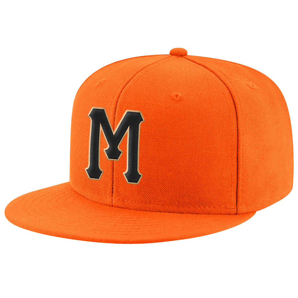 Custom Orange Black-Old Gold Stitched Adjustable Snapback Hat