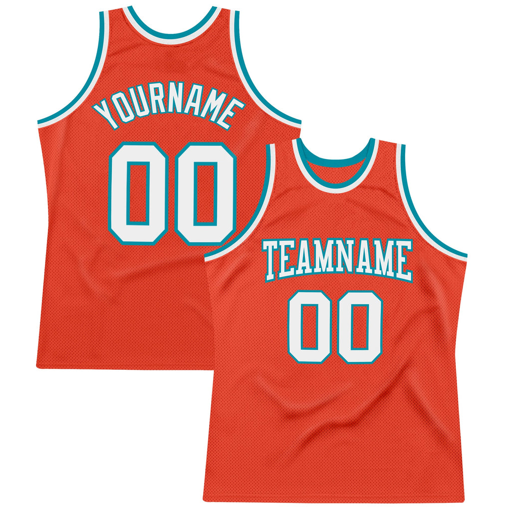Custom Orange White-Teal Authentic Throwback Basketball Jersey