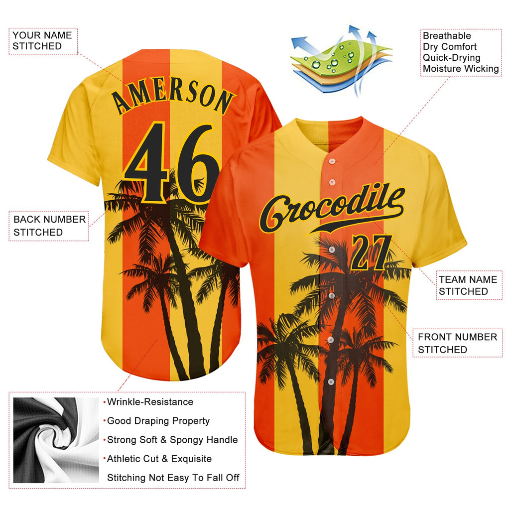 Custom Orange Black-Gold 3D Pattern Design Hawaii Coconut Trees Authentic Baseball Jersey