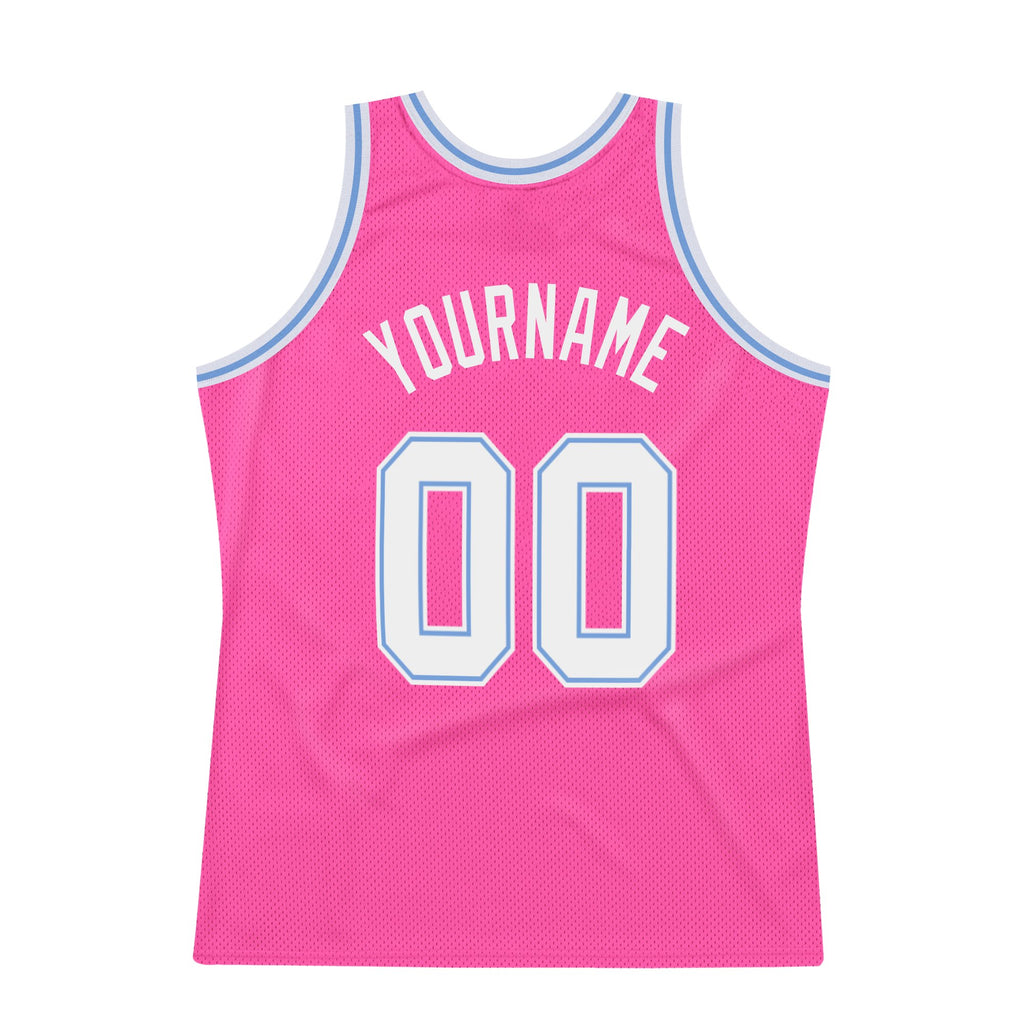 Custom Pink White-Light Blue Authentic Throwback Basketball Jersey