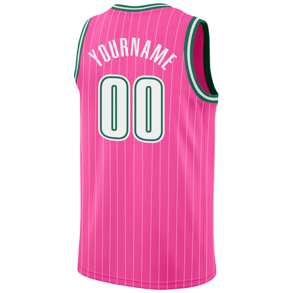 Custom Pink White Pinstripe White-Kelly Green Authentic Throwback Basketball Jersey