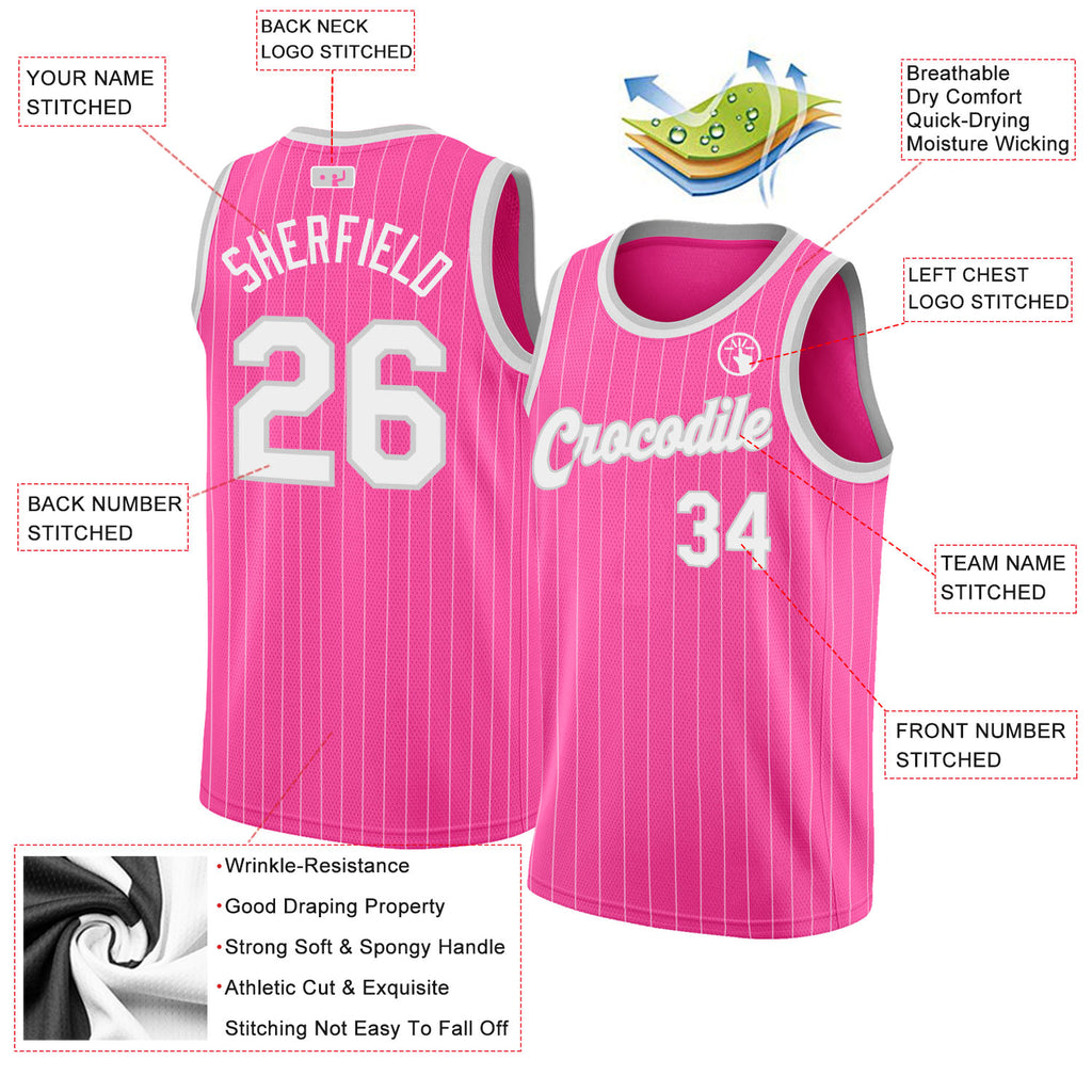 Custom Pink White Pinstripe White-Gray Authentic Basketball Jersey