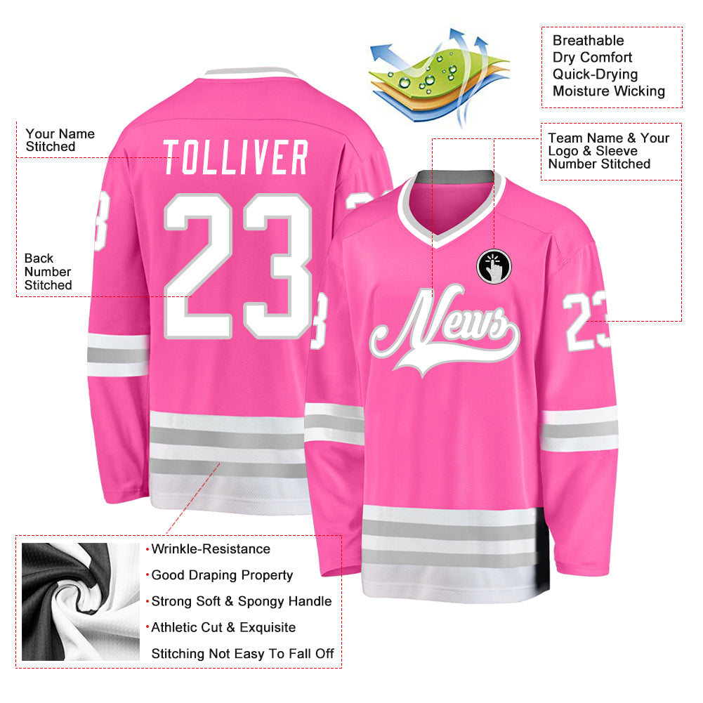 Custom Pink White-Gray Hockey Jersey