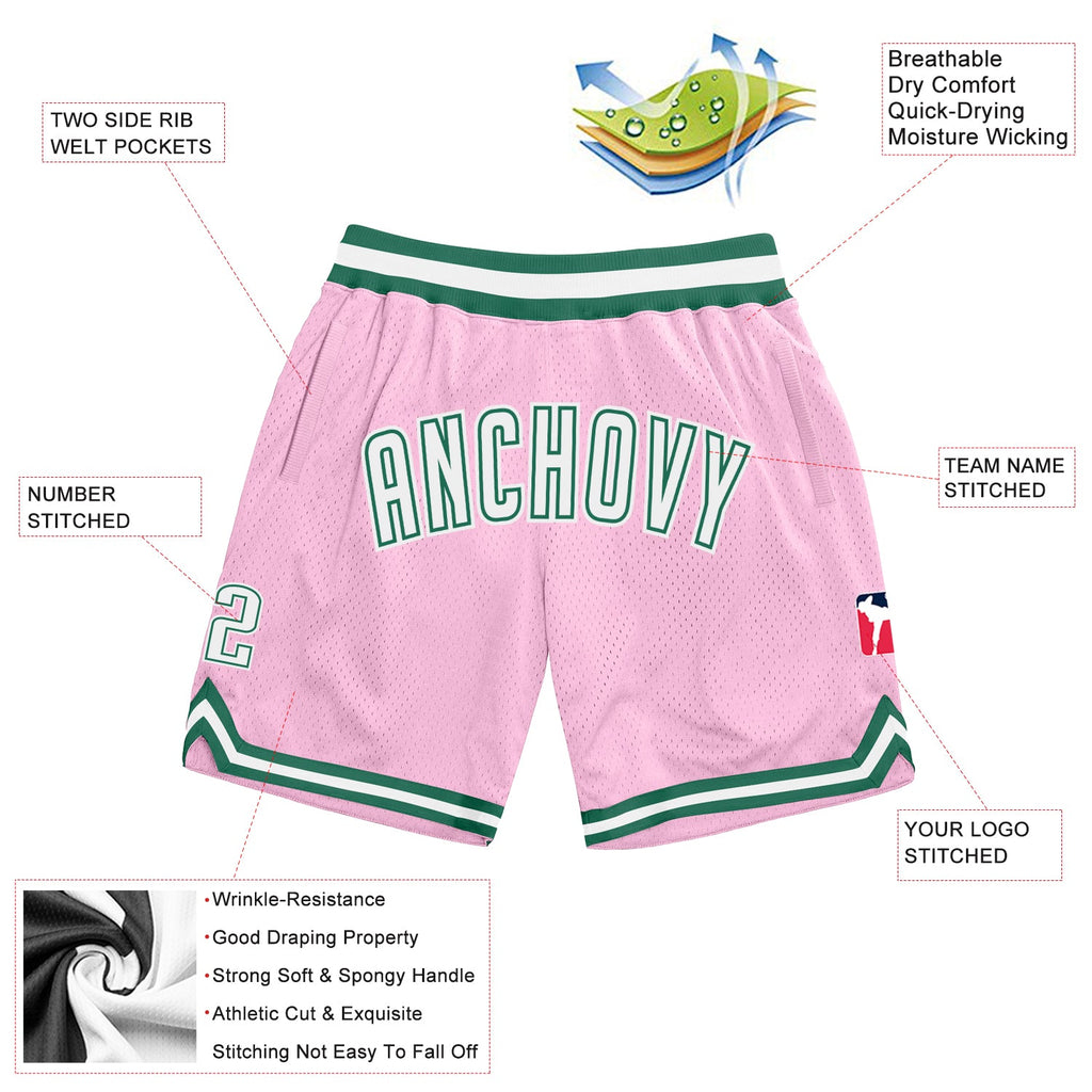 Custom Light Pink White-Kelly Green Authentic Throwback Basketball Shorts