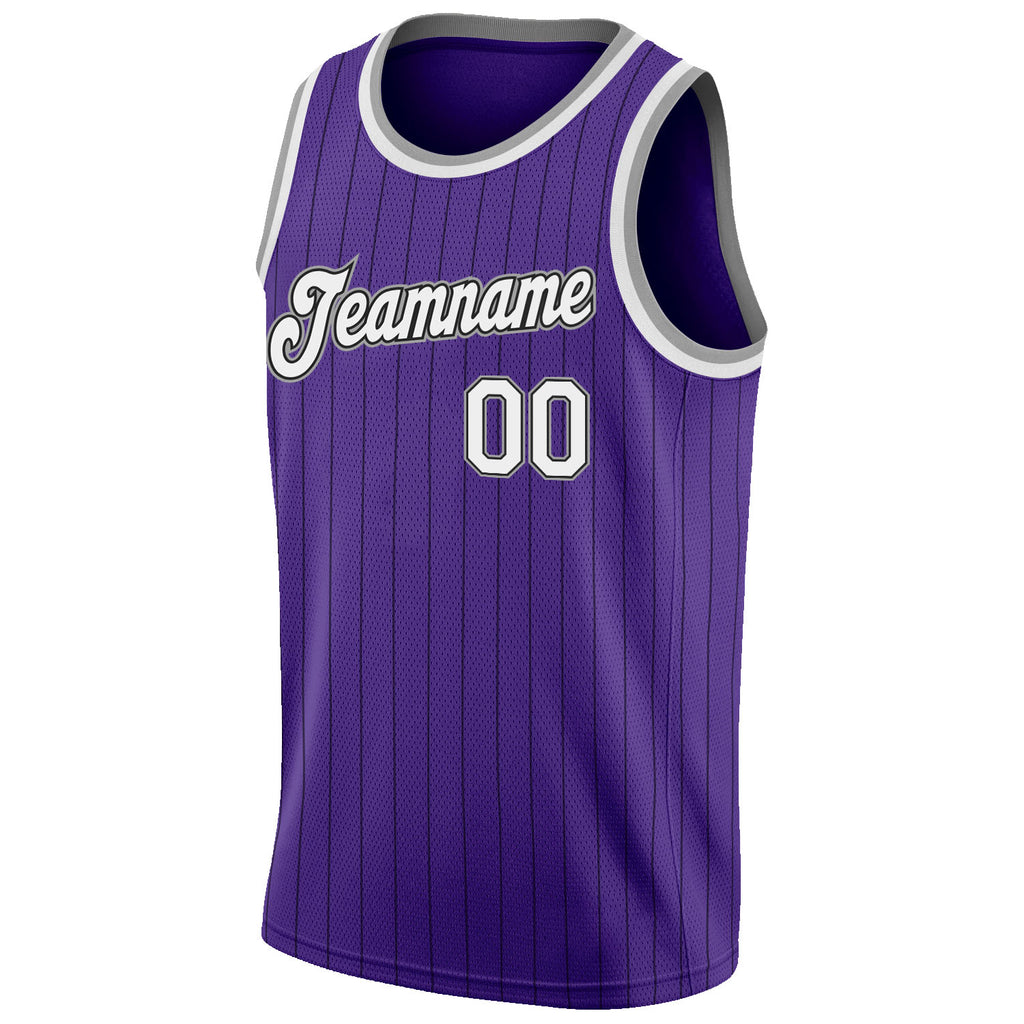 Custom Purple Black Pinstripe White-Gray Authentic Basketball Jersey