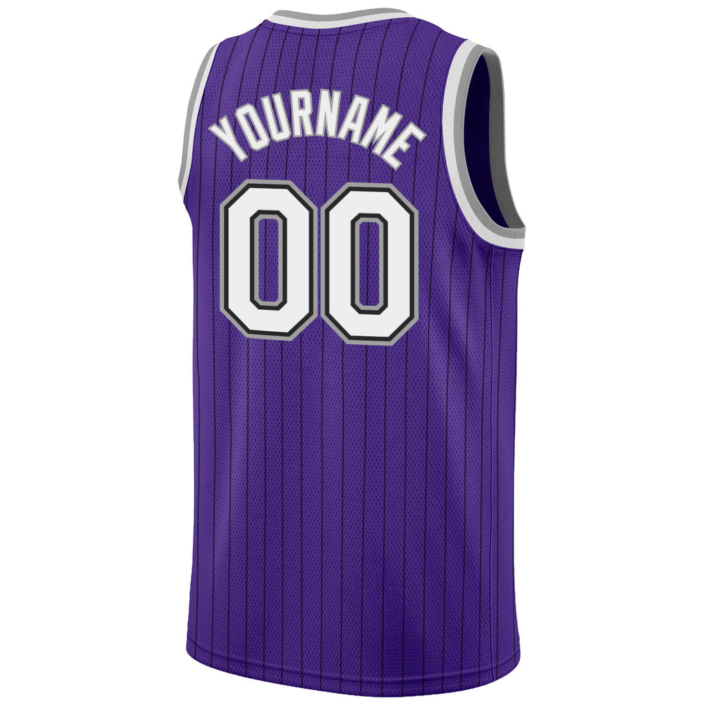 Custom Purple Black Pinstripe White-Gray Authentic Basketball Jersey