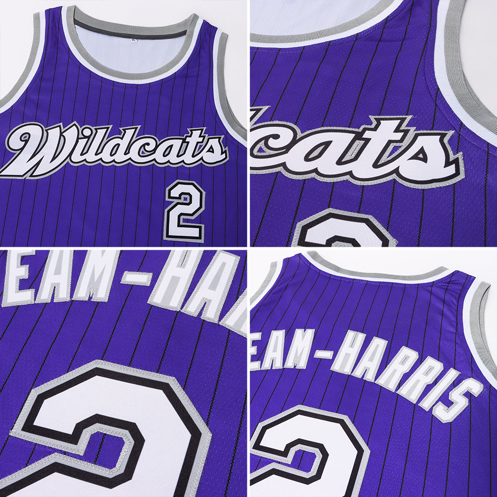 Custom Purple Black Pinstripe White-Gray Authentic Basketball Jersey