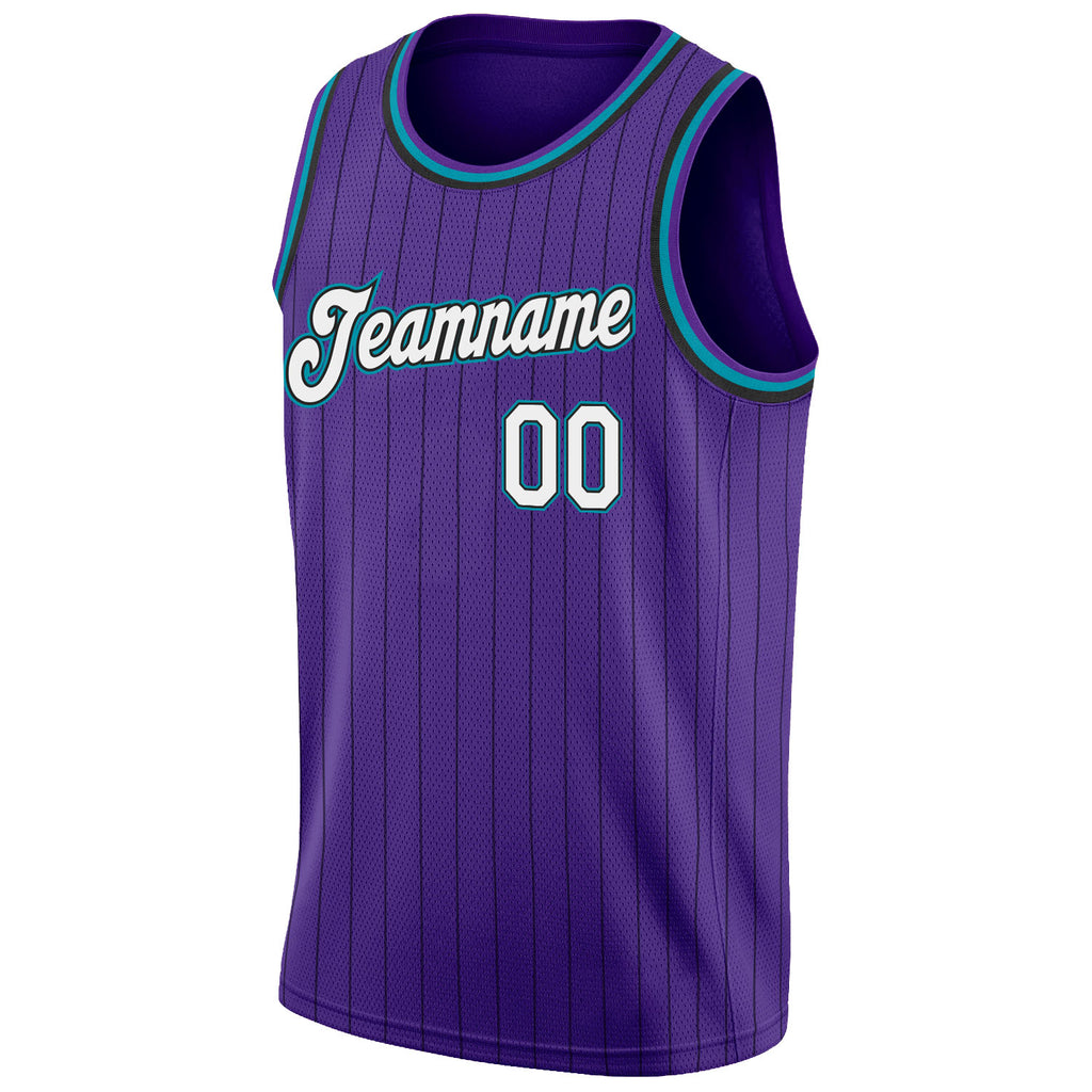 Custom Purple Black Pinstripe White-Teal Authentic Basketball Jersey