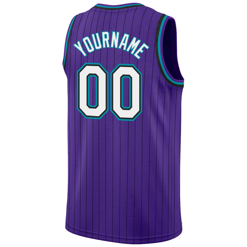 Custom Purple Black Pinstripe White-Teal Authentic Basketball Jersey