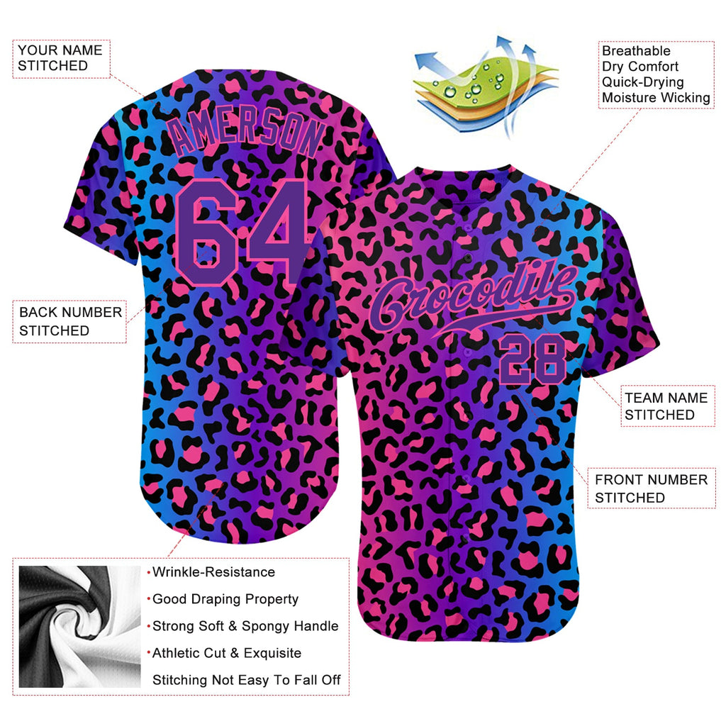 Custom Purple Purple-Pink 3D Pattern Design Leopard Authentic Baseball Jersey