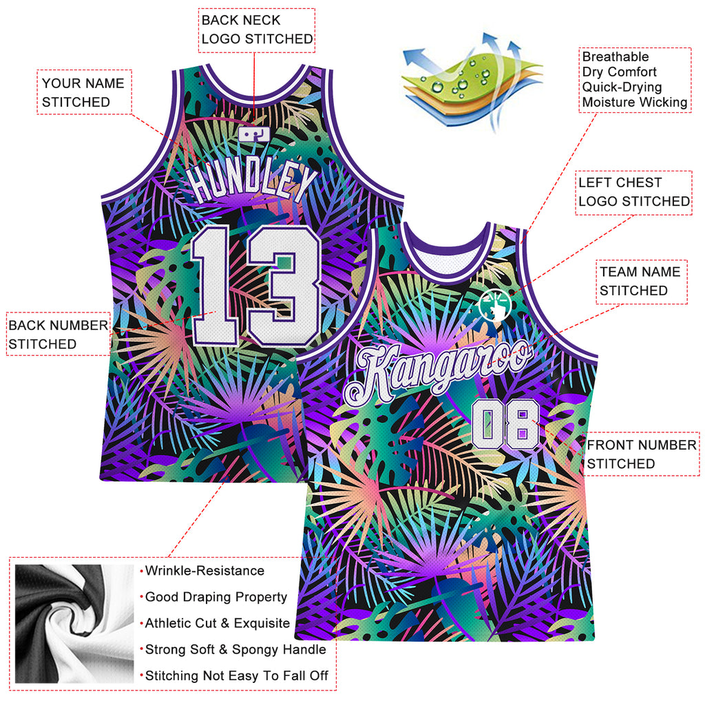 Custom Purple White-Purple 3D Pattern Design Tropical Plants Authentic Basketball Jersey