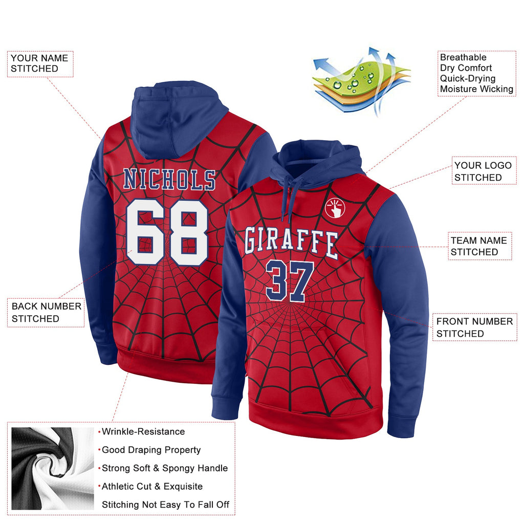 Custom Stitched Red White-Royal 3D Pattern Design Spider Sports Pullover Sweatshirt Hoodie