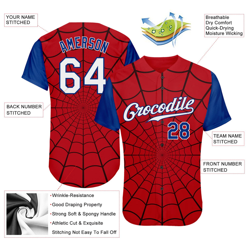 Custom Red White-Royal 3D Pattern Design Spider Web Authentic Baseball Jersey