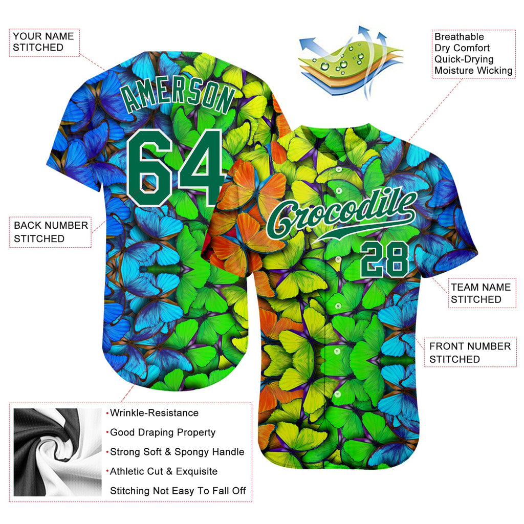 Custom Royal Kelly Green-White 3D Pattern Design Multicolored Butterflies Authentic Baseball Jersey