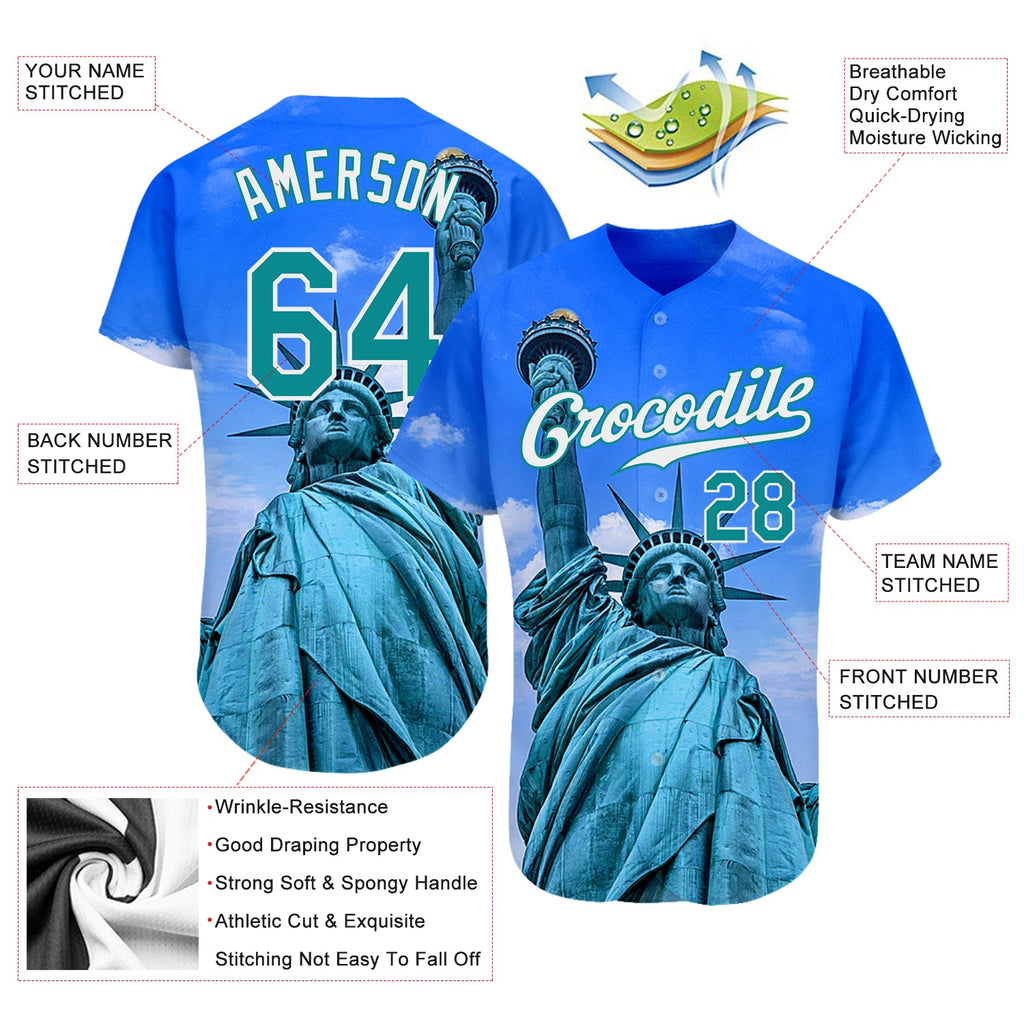 Custom Royal Kelly Green-White 3D Pattern Design Statue Of Liberty Authentic Baseball Jersey