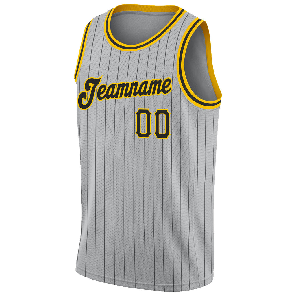 Custom Gray Black Pinstripe Black-Gold Authentic Basketball Jersey