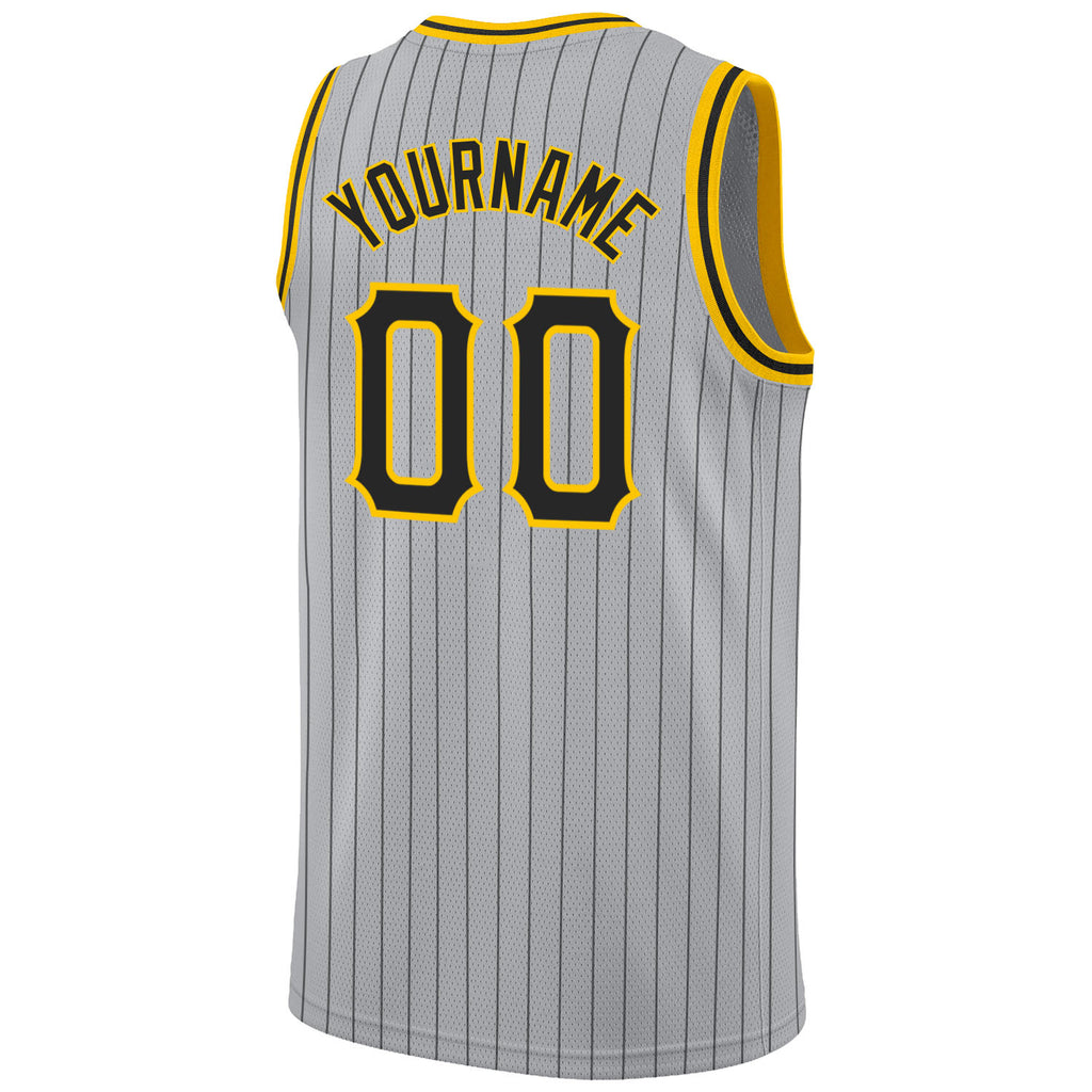 Custom Gray Black Pinstripe Black-Gold Authentic Basketball Jersey