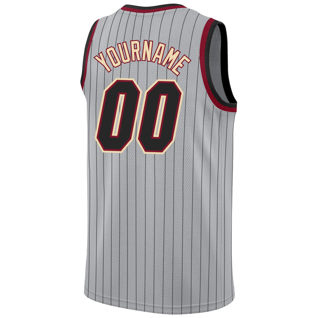 Custom Gray Black Pinstripe Black-Maroon Authentic Basketball Jersey