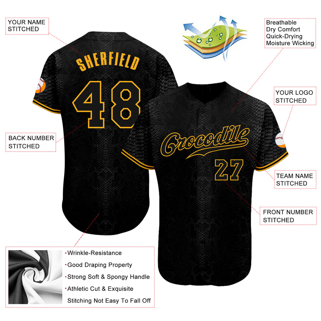 Custom Black Snakeskin Black-Gold 3D Pattern Design Authentic Baseball Jersey