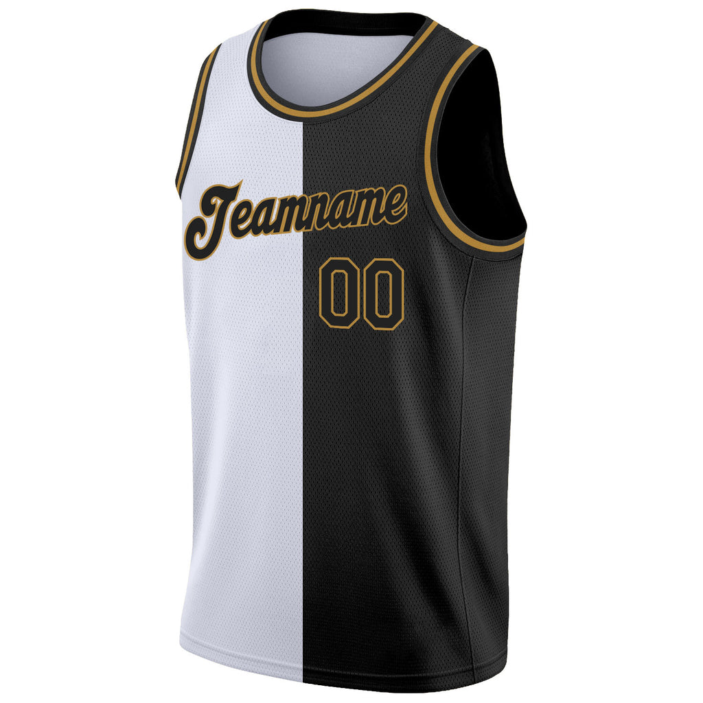 Custom White Black-Old Gold Authentic Split Fashion Basketball Jersey
