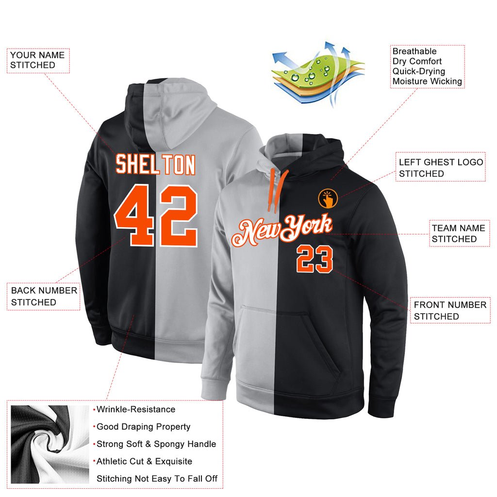 Custom Stitched Gray Orange-Black Split Fashion Sports Pullover Sweatshirt Hoodie