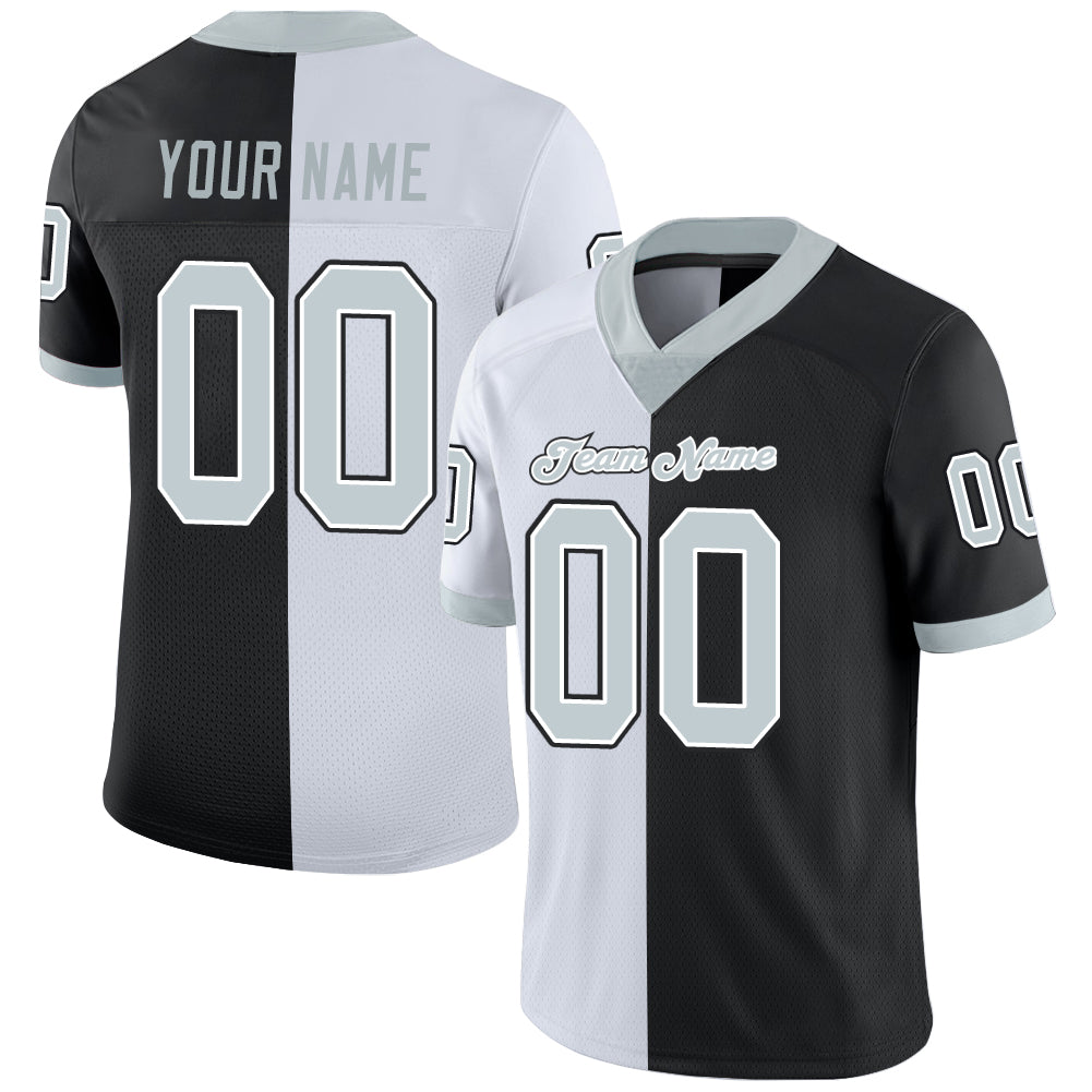 Custom Black Silver-White Mesh Split Fashion Football Jersey