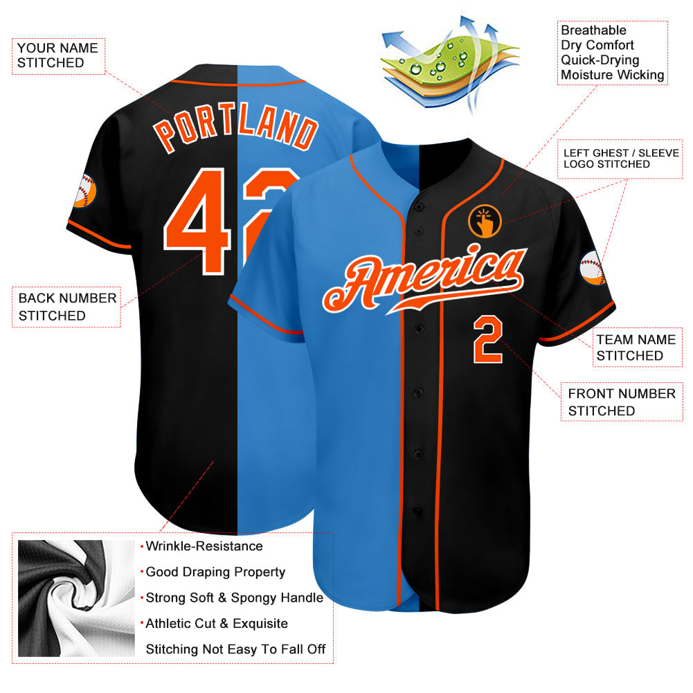 Custom Black Orange-Powder Blue Authentic Split Fashion Baseball Jersey